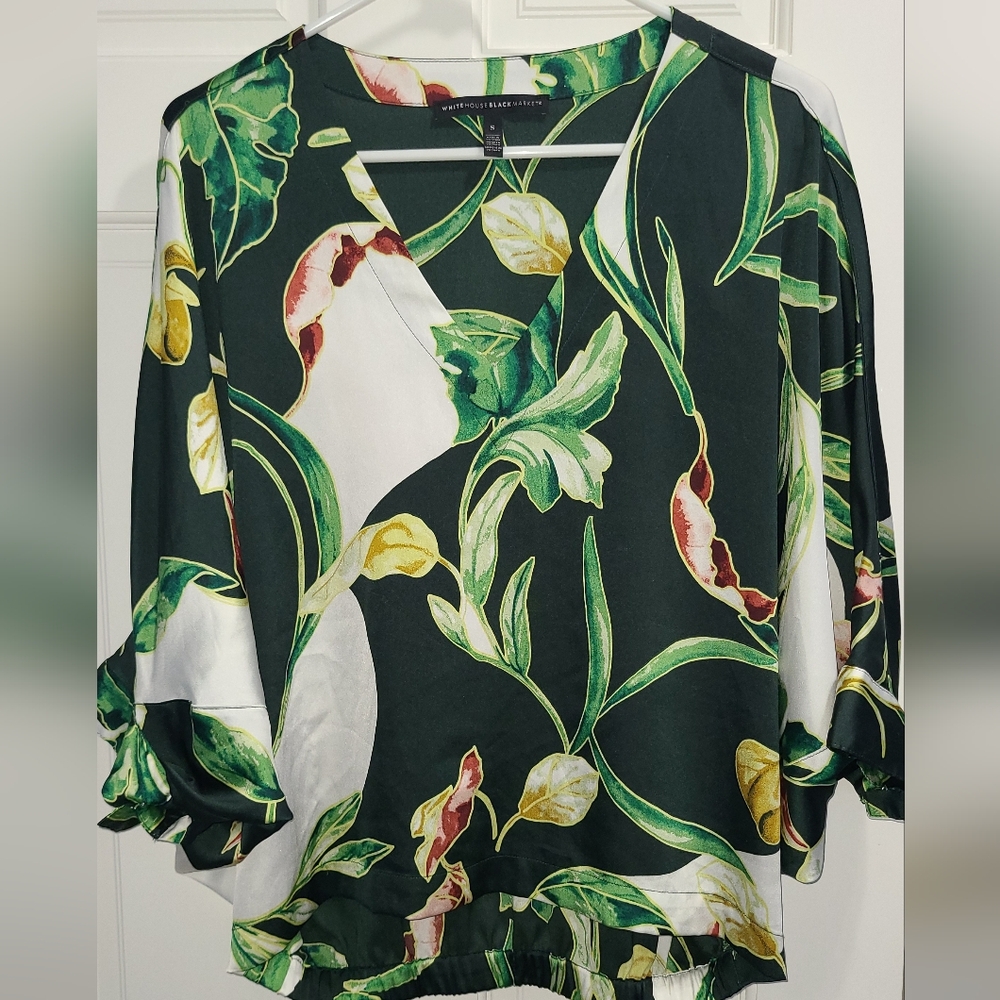 White House Black Market Botanical Print Blouse - Green, White, Yellow